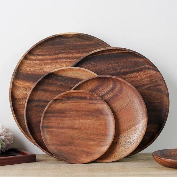 Piastre 1pcs acacia in legno fatto a mano infrangibile per tavoli vintage frutta piatti piatti che servono piatto da cena vassoio