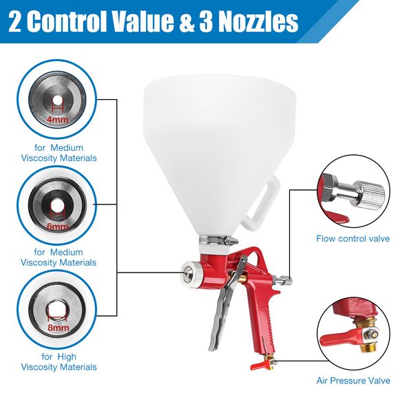 Spruzzatore per tramoggia ad aria 6L, spruzzatore di texture a secco 4.0/6.0/8,0 mm, stuzzichino per la parete esterna a parete di fango a morta