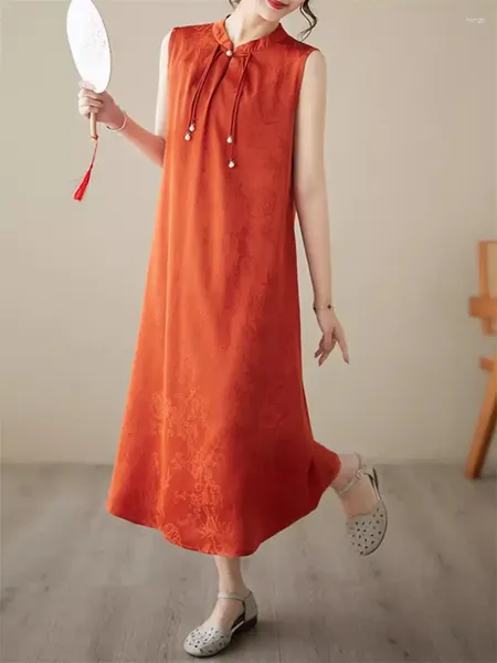 Vestidos casuais Arte moda jacquard contas fivela stand colar vestido versátil tamanho grande design de algodão linho chinês qipao para mulheres z275