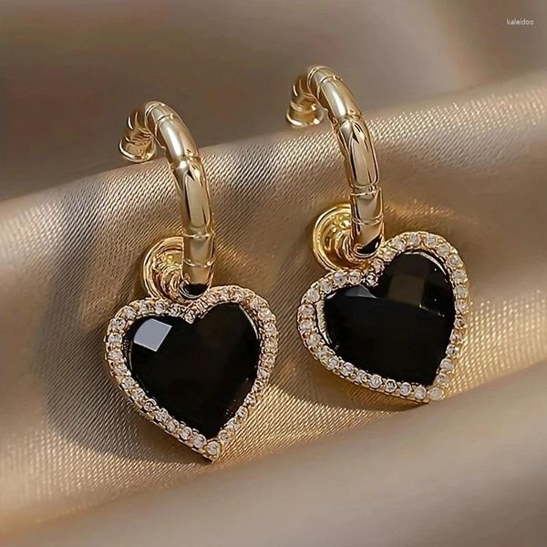 Brincos de argola 1 par de strassm coração gota preto sentido simples senso 925 prata agulha de luxo para mulheres