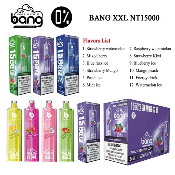 Bang XXL Hookah 15000 Vape descartável 24ml Preenchido malha de malha de vape preenchida Estilo de barra de barra de ar -departamento de ar ajustável Poço de fluxo de ar ajustável e cigarros e cigarros 12 policiais