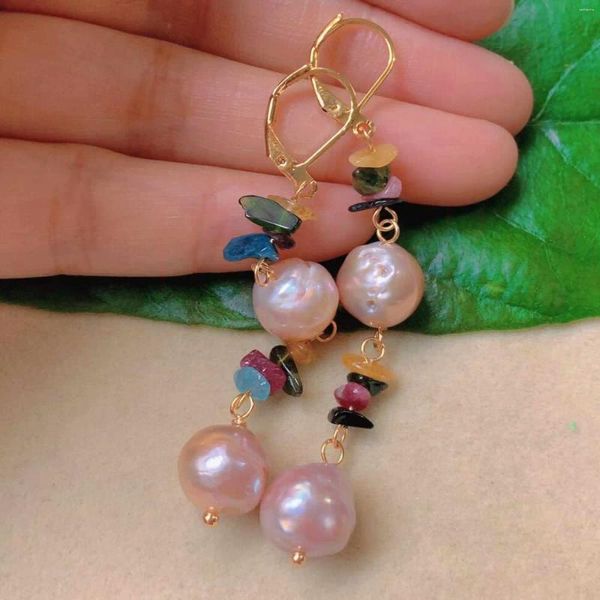 Dangle Ohrringe 10-11mm natürlicher Barock Pink Perle Turmalin Gold Frauen Hochzeit moderne Teenager Silber Braut Unisex Kristall Stud