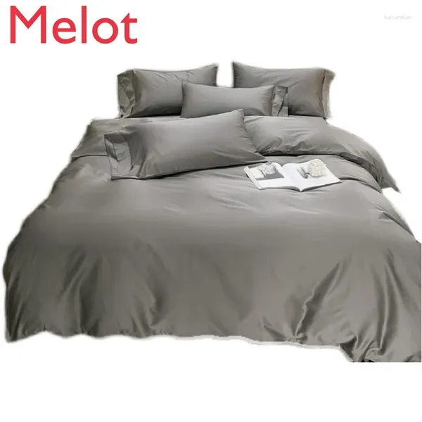 Defina a cama de cor de algodão longo de cor sólido de quatro peças de quatro peças de colcha lisa e cinza tampa de 4 peças