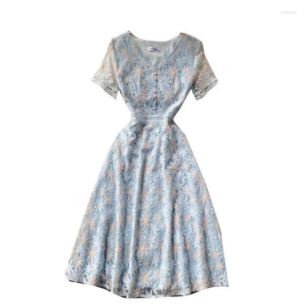 Partykleider Sommer Frauen V-Ausschnitt Kurzarm Slim Kleid modische Single-Brasten-Hohlauslöschte Floral Blumenblau Spitze