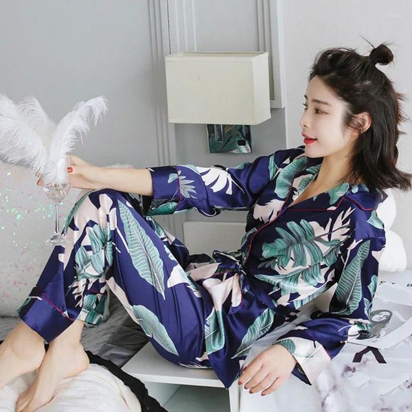 Roupas domésticas Imprimir Vintage Kimono Manga longa Pijama feminino Conjunto de cetim solto Mulher Lounge Autumn Sleepwear 2024