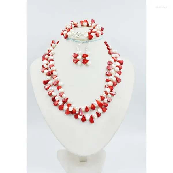 Set di orecchini da collana set classico da donna alla moda.Corallo rosso naturale e collana di perla barocca bianca/braccialetto/orecchini