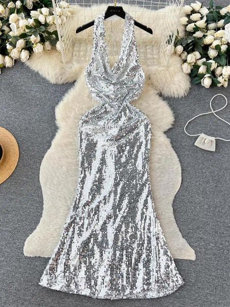 Lässige Kleider Sommer 2024 Retro Elegant Silber Pailletten Backless Birthday Party Langes Sundress Frauen sexy Club Ärmel und Hip Abend