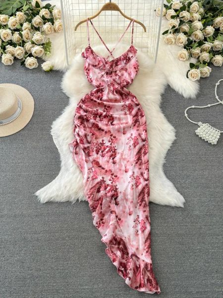 Lässige Kleider Foamlina Super Fairy Seaside Urlaub Strandkleid trägerloser Rückenloser Hohlgurt unregelmäßige gedruckte Chiffon Sling Frauen