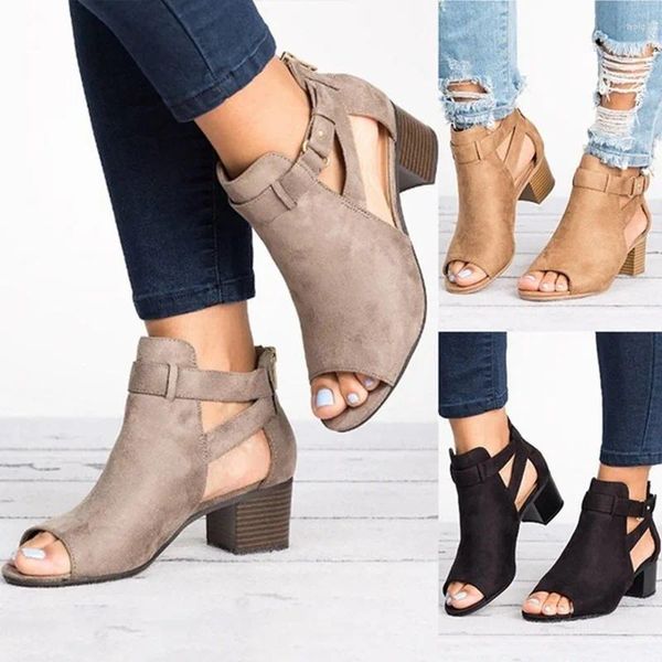 Scarpe casual Donne sandali tacchi alti grossi gladiatore solido open peep toe fibbia nera con cerniera sandalias de mujer 2024