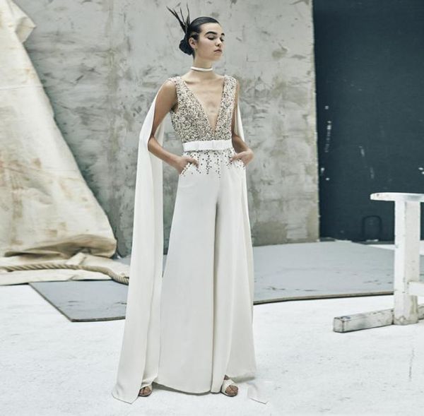 Speziales Design weißer Jumpsuit formelles Abendkleid bloße Pailletten Perlen Vneck Prom Kleid mit Wrap Saudi Style Rezeption 8005698