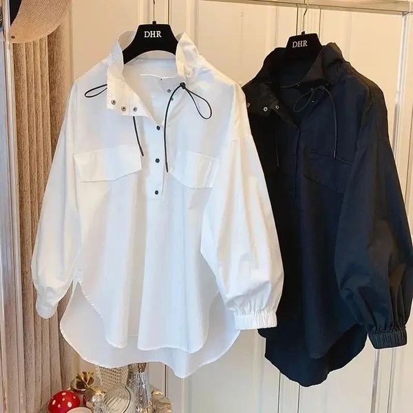 Kadın Bluzları 2024 Bahar Sonbahar Şarjı Ceket Beyaz Uzun Kollu Gömlek Ekstra büyük gevşek gündelik gömlekler Kadınlar için