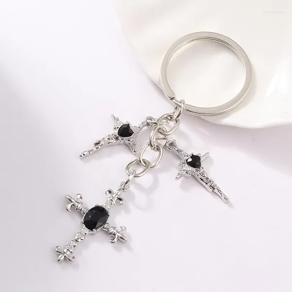 Chaves Y2K Trendy Cross Cool Pretty Black Strass Rings Key para Mulheres Meninas Amizade Birthday Gift Handmade Jewelry