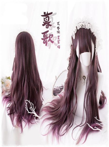 68 cm täglich Gothic Harajuku Kawaii niedliche lila verlaufende lolita langen langen synthetischen Haare Cosplay Kostüm Perücken Perücken Cap2438439