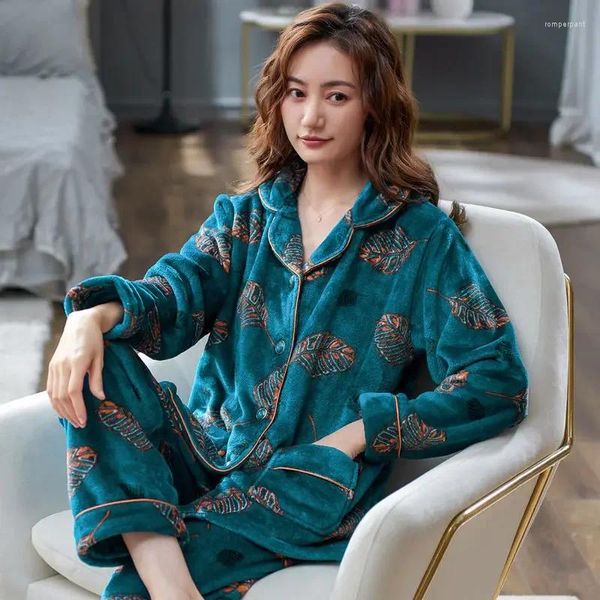 Женская одежда для сна 2024 коралловые флисовые пижамы осень и зимняя сгущенная меблированная теплое домашнее мех фланелевая мода мягкий набор