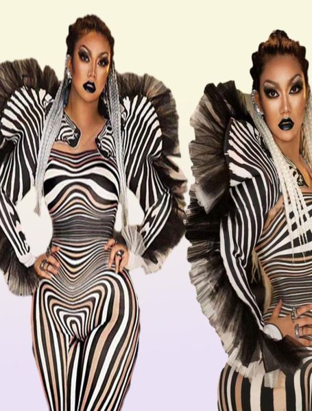Moda zebra desen tulum kadın şarkıcı seksi sahne kıyafeti bar ds dans cosplay bodysuit performans gösterisi kostüm 220322023290