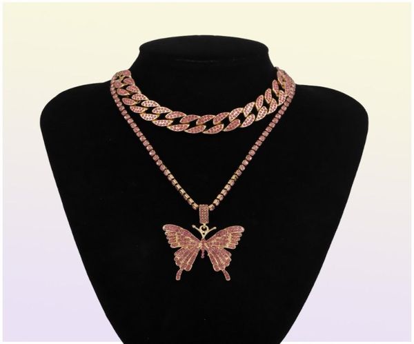 Catena cubana Big 3D Fashion Butterfly Designer Diamanti Luxury Dichiarazione a ciondolo Collana per girocollo per donna Girlie Hip Hop Jewelry7778890