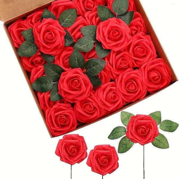 Fiori decorativi 25pcs/scatola seta artificiale rose rosse vintage perfetta per bouquet fai-da-te boutonnieres matrimoni di compleanno ornamenti natalizi