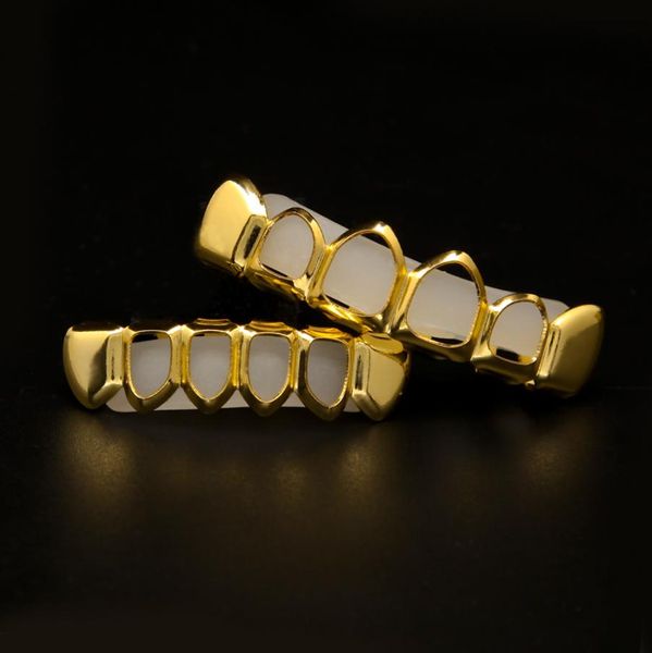 Goldfarbe untere untere Zähne Vier offene Gesichtszahngrills oben und untere Zähne Set Silber und Goldton Hip Hop Grills Set6271359