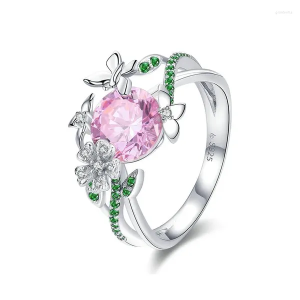 Com pedras laterais 925 Sterling Silver Flower Butterfly Rings para mulheres Pink CZ noivado de casamento Jóias BSR010