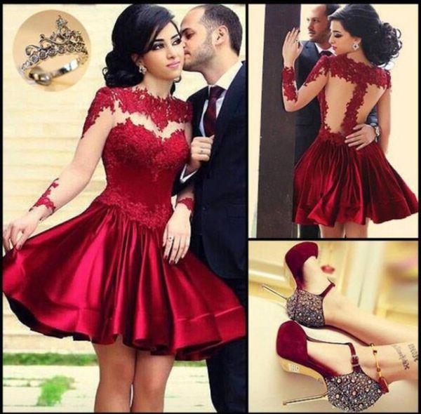 2018 Ilusão perfeita pescoço de baile vestidos de corpete vermelho colarinho alto pura mangas compridas vestidos de baile de noite shorthini party baile dres3859911