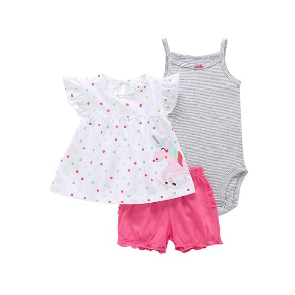 Шорты мультфильм Unicorn Baby Girl Stired Summer Suit 2021 Новорожденная одежда для рукавов.