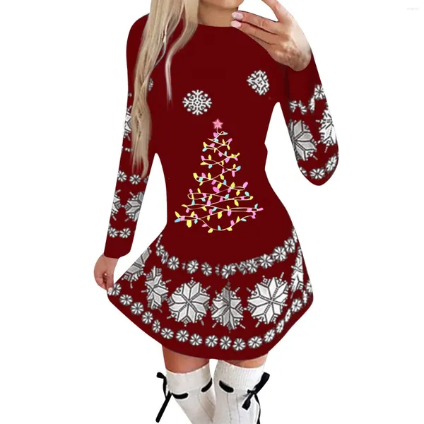 Lässige Kleider Winterkleid Frauen modische runde Hals Weihnachtsbaumabdruck Falten Rock Langes Temperament Vielseitige Vestidos