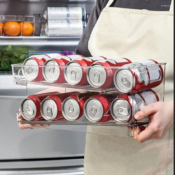 Bebida de armazenamento de cozinha Box bebidas de cerveja pode refletir a garrafa de garrafa de geladeira Organizador de refrigerador de dispensador de rolamento automático