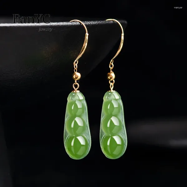 Brincos de balanço naturais um jade jasper foo bean 18k cenário de ouro com requintado de jóias de moda feminina verde de espinafre