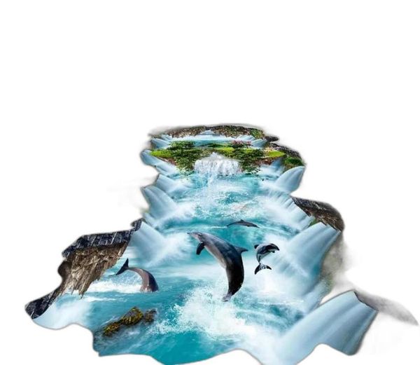 Wallpapers Dolphin Waterfall PVC Waterproof Floor Self-adhesive 3D Home Decoration Fllor Paper
