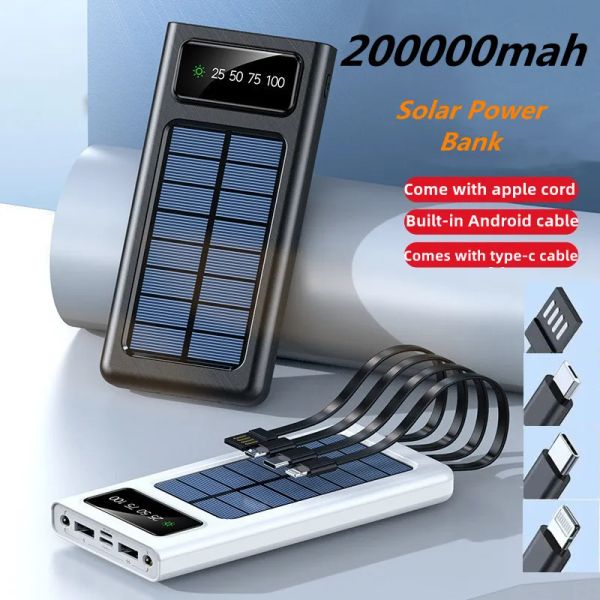 Banken 200000mah Top Solar Power Bank gebaut Kabel Solar Ladegerät Anschlüsse externe Ladegerät Powerbank für Xiaomi iPhone mit LED Light 2023