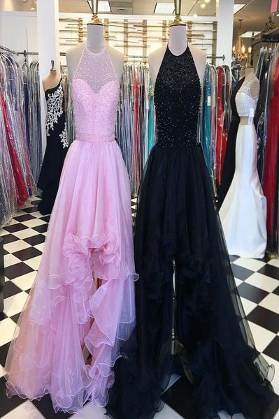 2022 REAL PO Pink Black Halter Prom Vestido de Prom Cristão Aberto de Cristal Aberto de Altos Créteis A Organza Pomestal de vestidos formais P8012662