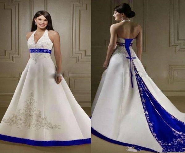 Vintage White and Royal Blue Satin A Line Wedding Gowns Halter Neck Open Weight Sump Court Custom Realed Readed Wedding Bridal 7211427