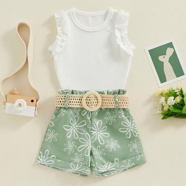 Kleidung Sets Tregren Kleinkind Girls Sommer -Outfit Ruffle Tanktops und Blumendruck Shorts mit Gürtel Mode -Säuglingsbaby Kleidung