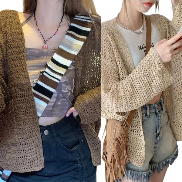 Malhas femininas Bohemian Open Front Knit Cardigan com bolsos tops casuais de manga longa