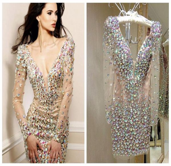 Bling -Strass -Cocktail -Kleider Partykleider sexy Deep v Neck Langarm Kurzschluss Kleid Kleid Kleider für Frauen Rea4932730