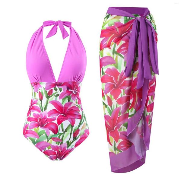 Costumi da bagno femminile sexy costume da bagno monopezzo viola con gonna da donna abiti da corpo stampare costume da bagno piscina da bagno a spiaggia 2024 femminile nuoto