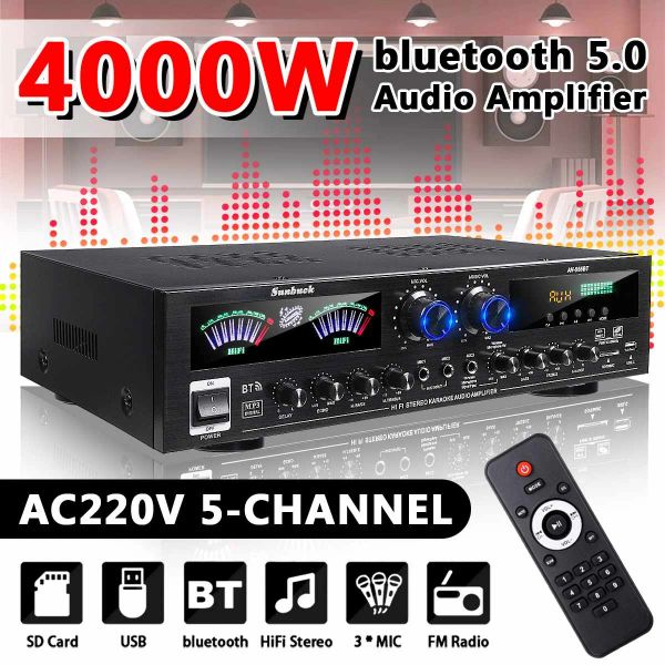 Verstärker Sunbuck 4000W 5Ch LCD Display Home Theaterverstärker 12V Bluetooth Home Power Amplifier Audio Stereo Amplificador FM USB SD 3MIC