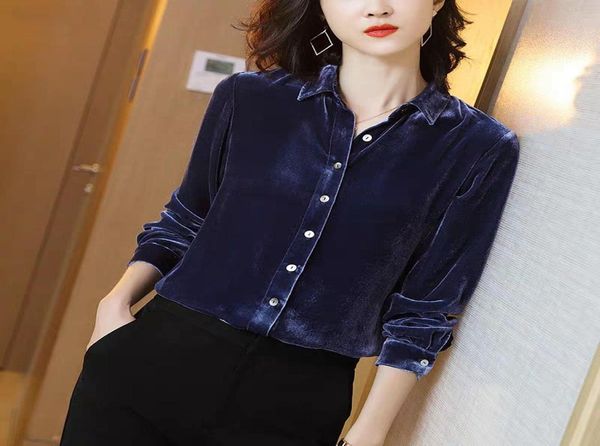 Office Lady Blue Velvet Blouse Button Down Down For Women Black Casual Fashion Spring New Dline Dlice Plus Size Tops Рубашки 210424447992