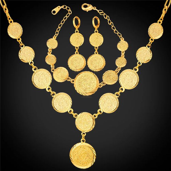 Brincos de pulseira de colar de moedas Conjunto de jóias para mulheres Muslim Muslim Arabic Sign Gold Color Gold Oriente Médio/ Africano Vintage NEH882240403