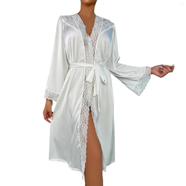 Abbigliamento da casa abiti satinati in pizzo sexy sexy da donna con cardigan frontale aperta ultra sottile see attraverso l'augio da cammino da camino kimono pigiama