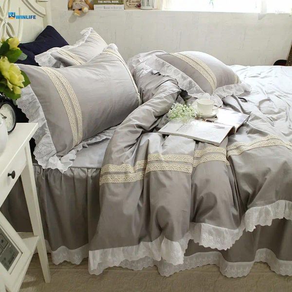 Bedding conjuntos de leitos de renda cinza recompra de bordado de bordado de bordado de bordado elegante saia da cama de cama Princesa