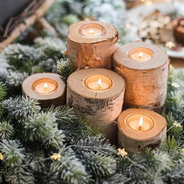 Titulares de vela Wood Tealight titular Birch Candlestick de madeira para festa de aniversário de festas de casamento decoração