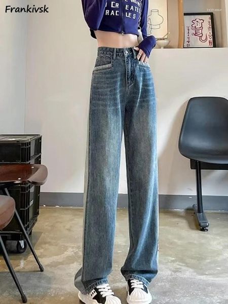 Jeans femminile da donna in stile americano streetwear lo streetwear vintage lavato pantaloni di jeans contrasto casual color gust estate fashion college college
