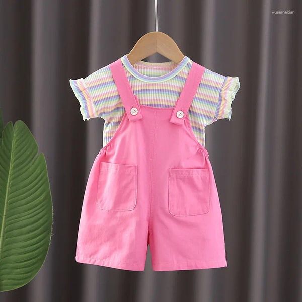 Kleidung Sets Baby Girl Summer Clothes 2024 Korean Mode Striped Pullover Kurzarm T-Shirts und Overalls für Girls Boutique-Outfit-Set