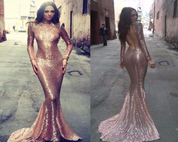 2020 Vestidos de festas de novo festas Sexy Open Back de manga comprida Mermaid Dress Bling Bling Rose Gold Ligins Dresses de noite vestido de festa 7833994