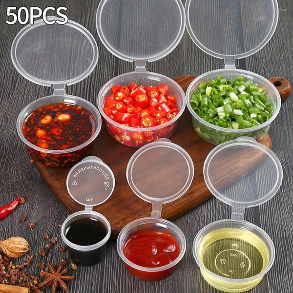 Speicherflaschen 50pcs/Set Plastikfleisch Sauce Cup Container Food Box mit Scharnierdeckeln Pigmentfarbe Palette verfügbar