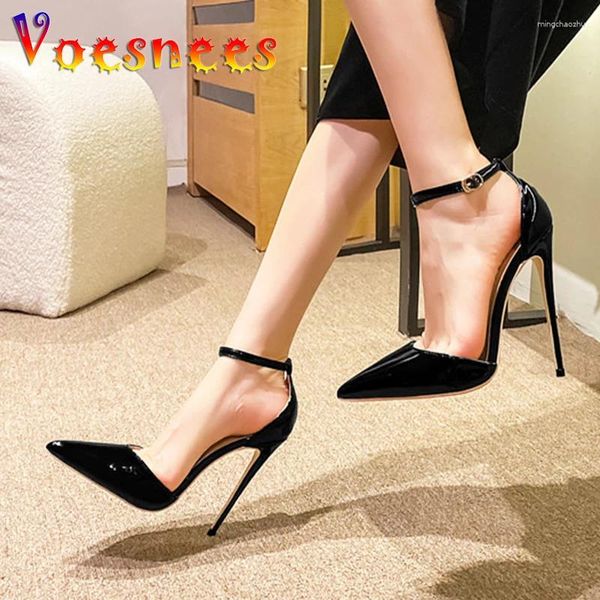 Sandalen 12 cm sexy Seite leere High Heels Pumps Dame geschlossener Punkt Zehen Elegante Sommer -Knöchelgurt Schnallen Party Frauen Schuhe Schwarz