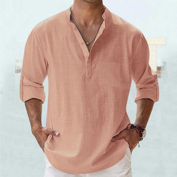 Camisas casuais masculinas Camisa sólida para homens primavera de primavera supra longa de manga longa tops soltos bolso botão de colarinho de colarinho fino camisas hombre