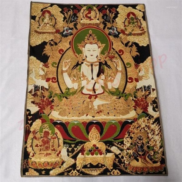 Estatuetas decorativas auspiciosas Thangka Four Arm Guanyin estátua tibetana Buda pendurada pintura