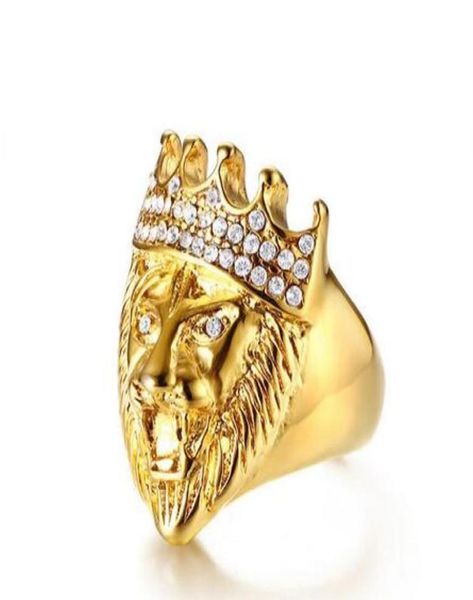 Men039S Hip Hop Gold Tom Roaring King Lion Head and Crown CZ Ring For Men Rock Aço inoxidável Anéis machos jóias masculinas 72340683028837